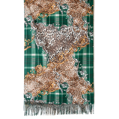 Austin Scarf in dark green with leopard print and tartan print